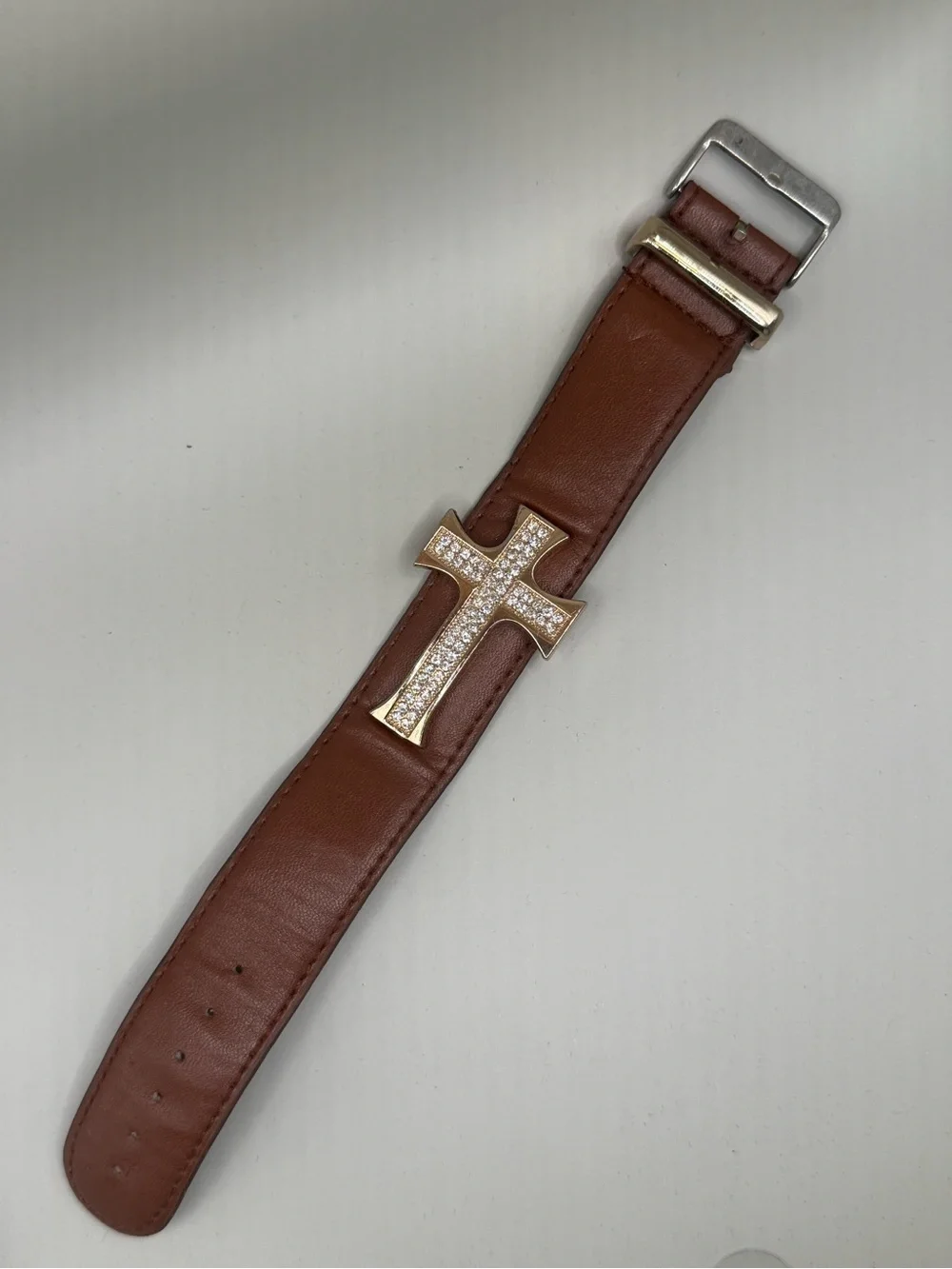Brown Leather Men's Bracelet with Gold Crystal Cross Accent